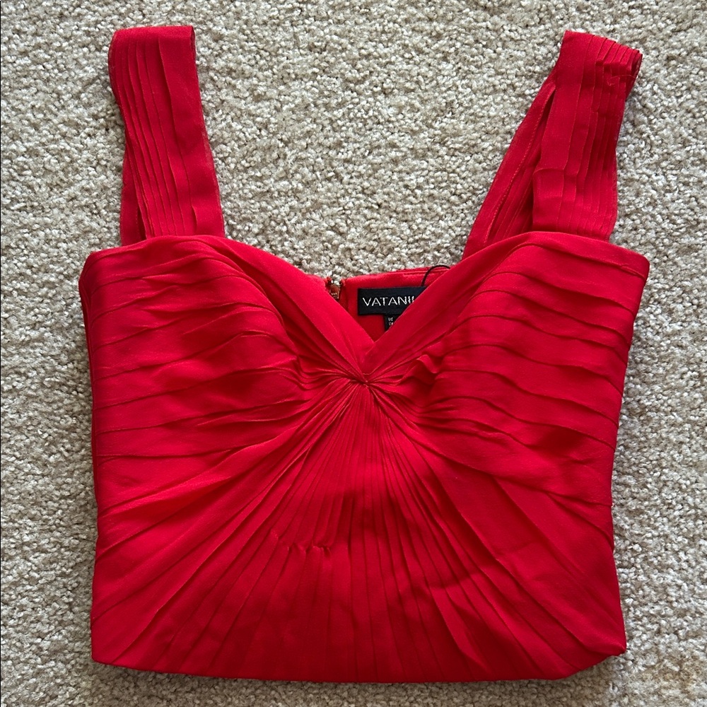 Red Pleated Knot-Front Crop Top